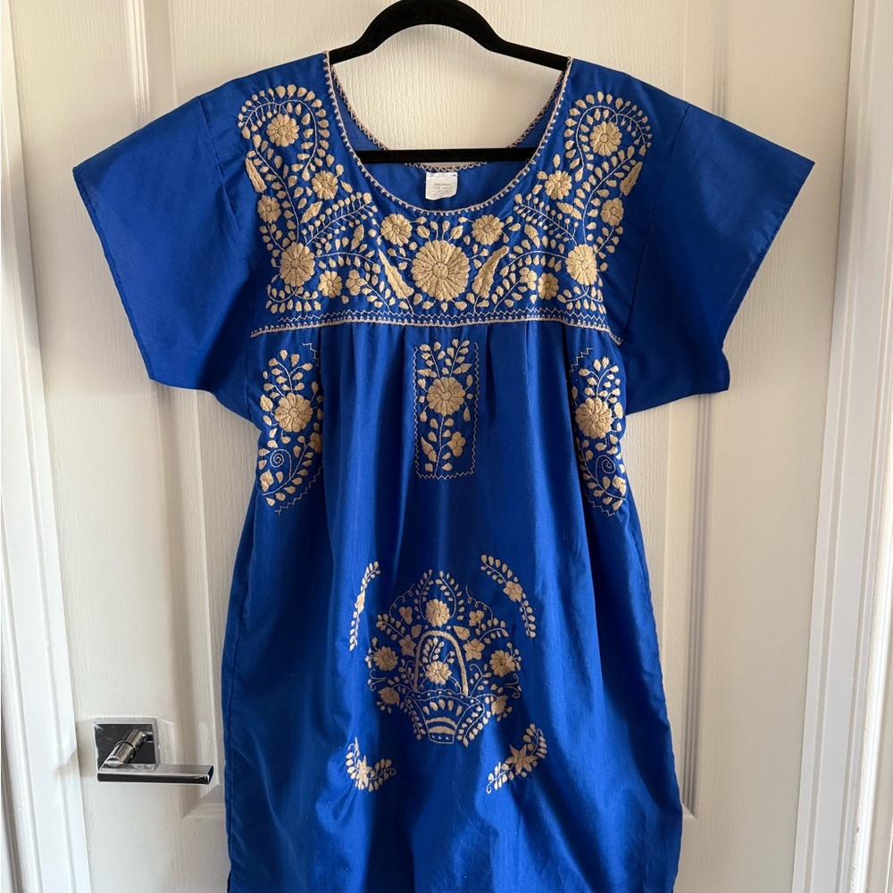Authentic Mexican Blue Dress with Gold Embroidery